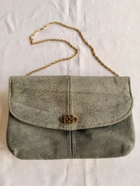 Vintage Blue Suede Clutch with Gold-Toned Cluster Clasp and Chain Strap